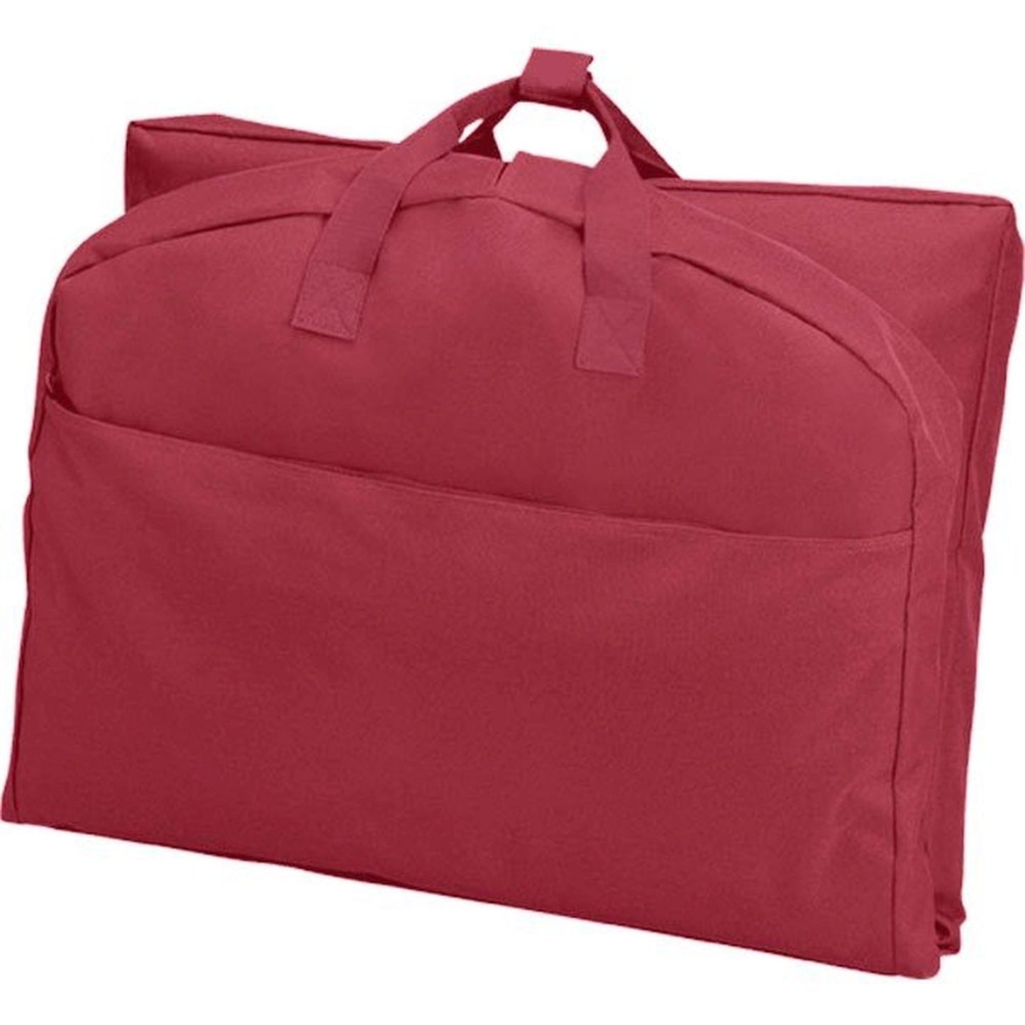 A maroon suit length garment bag folded in half.