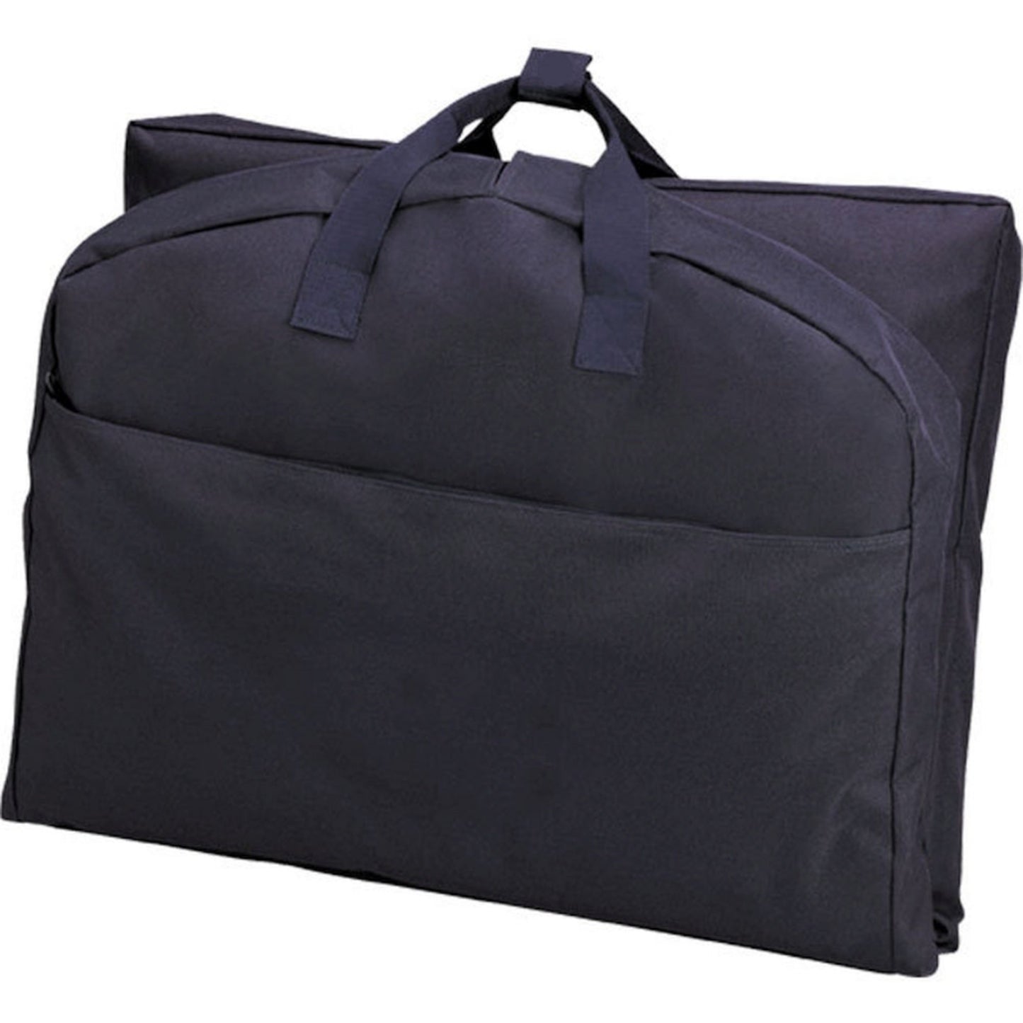 A navy blue suit length garment bag folded in half.