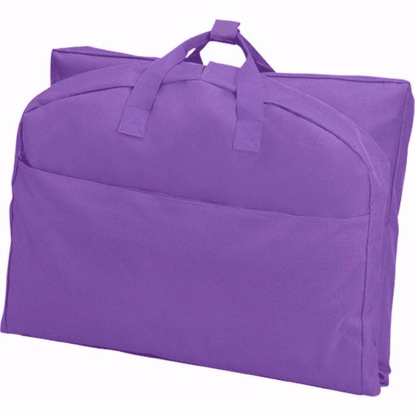 A purple suit length garment bag folded in half.