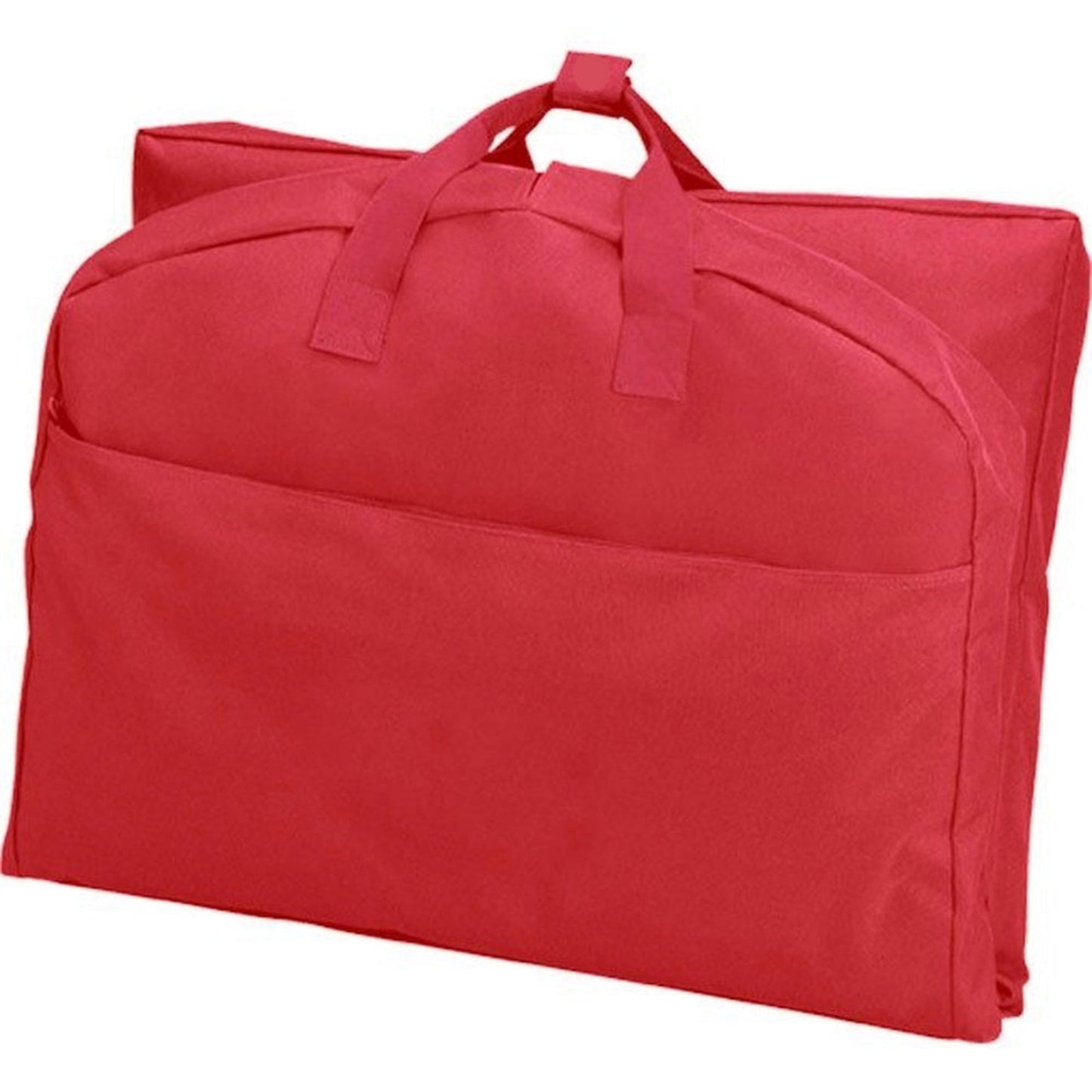A red suit length garment bag folded in half.