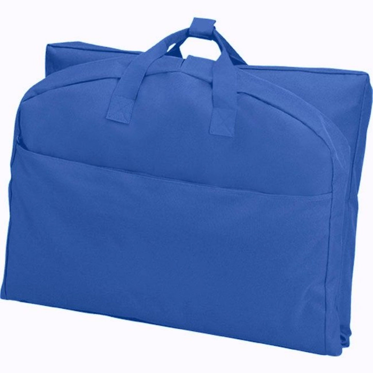 A royal blue suit length garment bag folded in half.