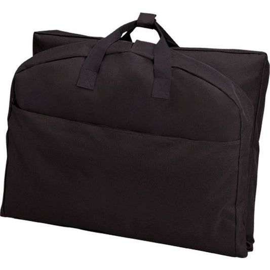 A black suit length garment bag folded in half.