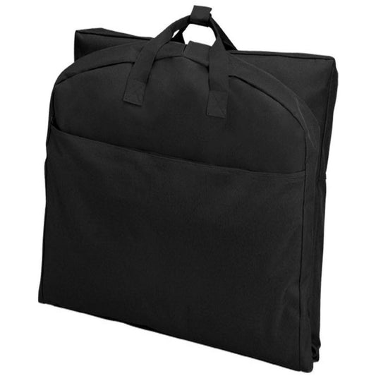 A black dress length garment bag folded in half.