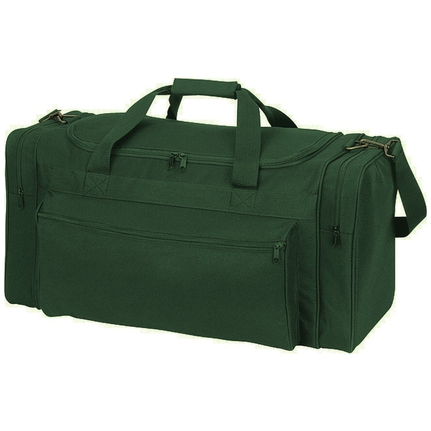 A forest green duffel bag.