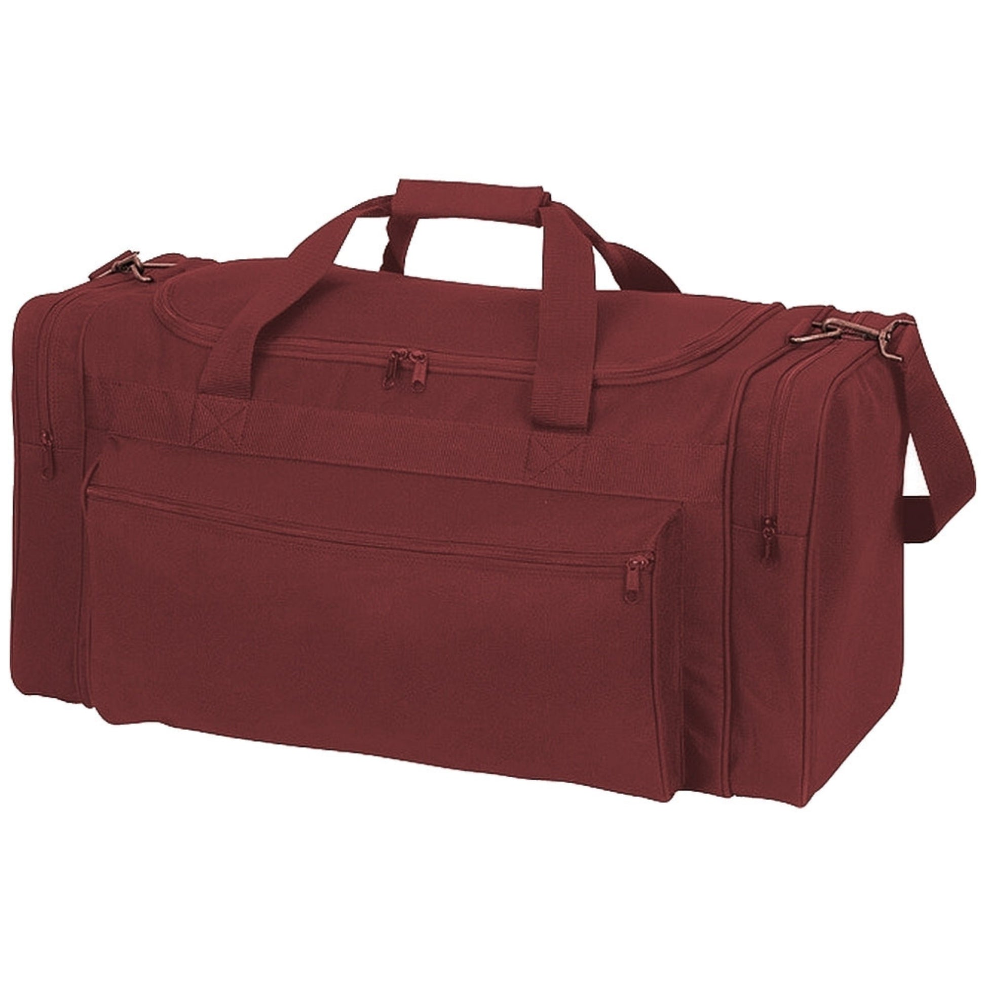 A maroon duffel bag.